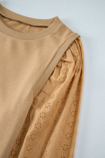 Stylish Women's Pale Khaki Round Neck Sweatshirt with Patchwork Sleeves - Comfortable Casual Top for Everyday Style
