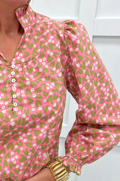 Charming Women's Pink Floral Blouse with Ruffled Sleeves & Frilled Collar - Perfect for Spring Fashion