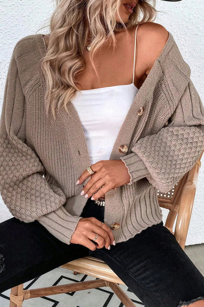 Cozy Women's V-Neck Cardigan Sweater with Mixed Textures - Stylish Fall Layering Essential in Warm Tones
