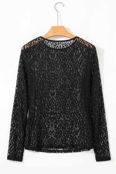 Women's Black Leopard Print Sheer Mesh Long Sleeve Blouse - Trendy, Lightweight, Perfect for Layering and Styling