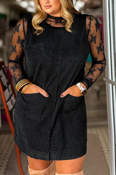 Plus Size Women's Black Sleeveless Corduroy Mini Dress with Patch Pockets - Effortless Casual Chic for Everyday Style