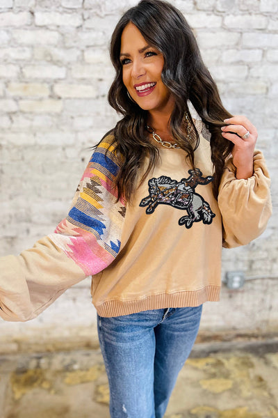 Women's Light Beige Sequin Rodeo Graphic Sweatshirt with Aztec Sleeves made for easy styling and wardrobe coordination, with premium-like structure