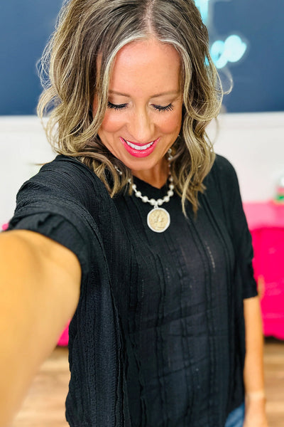 Chic Women's Black Lace Striped 3/4 Sleeve Dolman Blouse - Trendy, Comfortable Style for Every Occasion