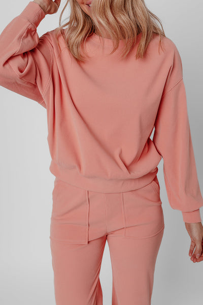 Stylish Women's Blossom Ribbed Knit Lounge Set with Drop Shoulders, Pockets, and Soft, Comfortable Fabric for Relaxation