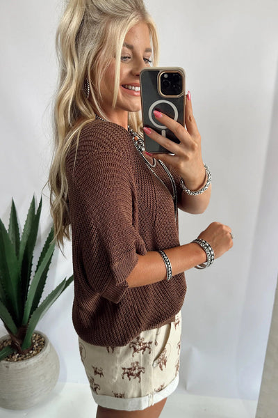 Cozy Women's Loose Coffee V-Neck Half Sleeve Sweater - Effortless Casual Style for Everyday Comfort
