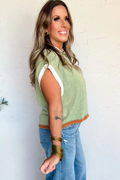 Women's Grass Green Colorblock Sweater Top with Contrast Trim - Loose Fit, Short Sleeve, Stylish Patchwork Design