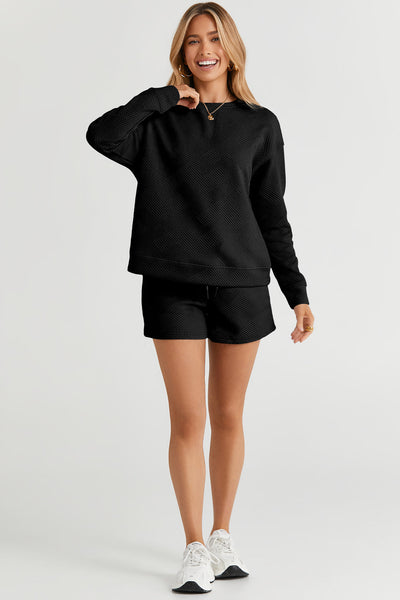 Stylish Women's Black Textured Long Sleeve Top & Comfortable Drawstring Shorts Set - Versatile Summer Outfit