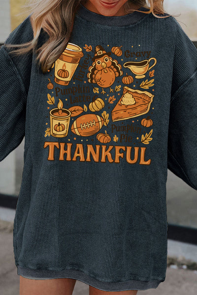 Cozy Women's Dark Grey Twisted Ribbed Baggy Sweatshirt Trendy Fall Fashion with Stylish Print for Chic Comfort