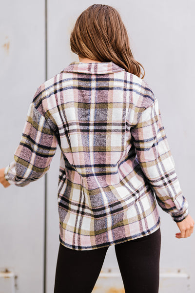 Trendy Women's Oversized Pink Geometric Plaid Shacket with Pockets Perfect for Casual Chic Outfits