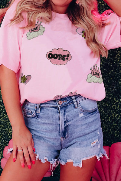 Women's Pink Sequin Patchwork Relaxed Graphic Tee