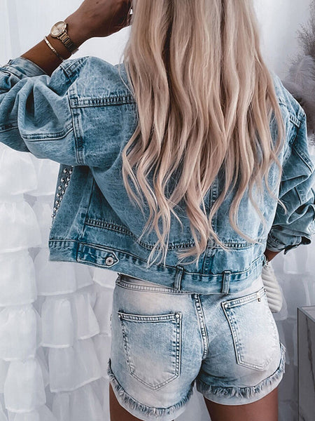 Women's Sky Blue Rhinestone Embellished Denim Shacket
