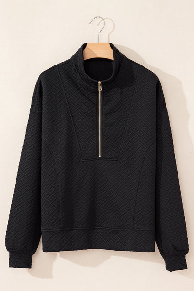 Chic Women's Black Textured Half-Zip Sweatshirt with Collared Neckline for Effortless Casual Style and Cozy Comfort
