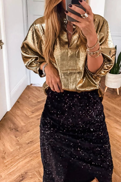 Women's Gold Metallic Split Neck Blouse with Half Sleeves
