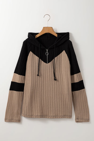 Women's Parchment Textured Colorblock Hoodie - Long Sleeve Quarter Zip with Adjustable Drawstring for Casual Comfort