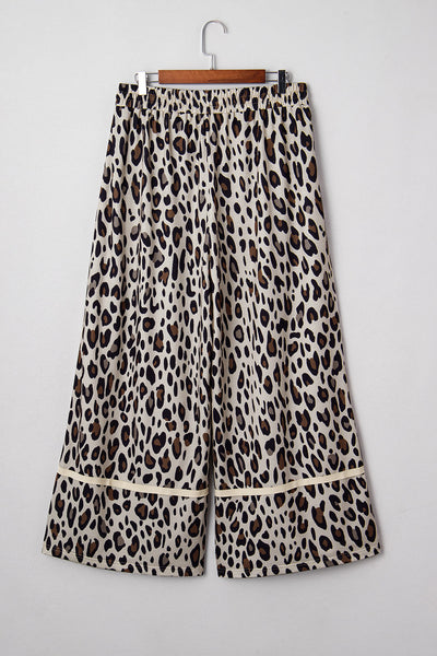 plus size women's khaki leopard print wide leg pants with drawstring pockets and exposed seams for chic comfort made for easy styling and wardrobe