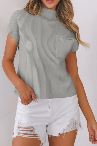Stylish Women's Gray Ribbed Knit Short Sleeve Sweater with Patch Pockets - Cozy Casual Top for Effortless Everyday Wear