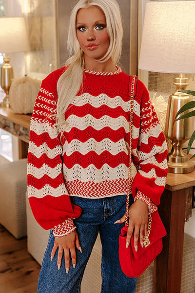 Elegant Women's Black and White Stripe Pointelle Knit Sweater with Puff Sleeves and Contrast Trim for Effortless Style