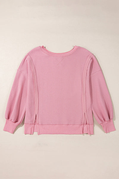 Chic Women's Pink Oversized Waffle Knit Top with Bishop Sleeves & Side Split for Effortless Casual Style