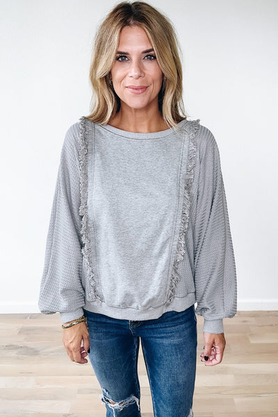Women's Light Grey Waffle Knit Long Sleeve Pullover Top with Raw Hem and Patchwork Detail for Casual Comfort