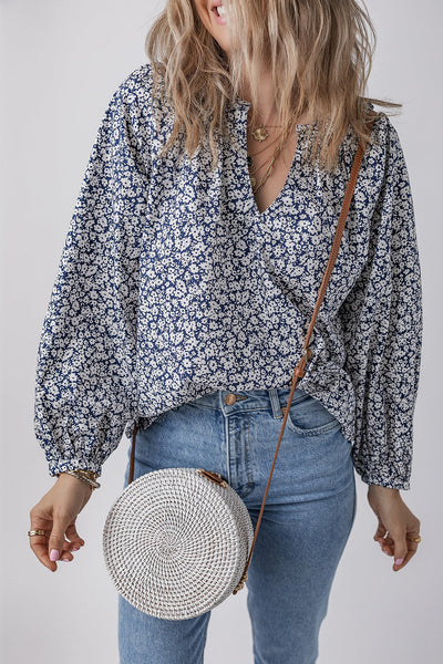 stylish women's blue floral puff sleeve blouse with notched v-neck - comfortable summer top for effortless chic made for easy styling and wardrobe