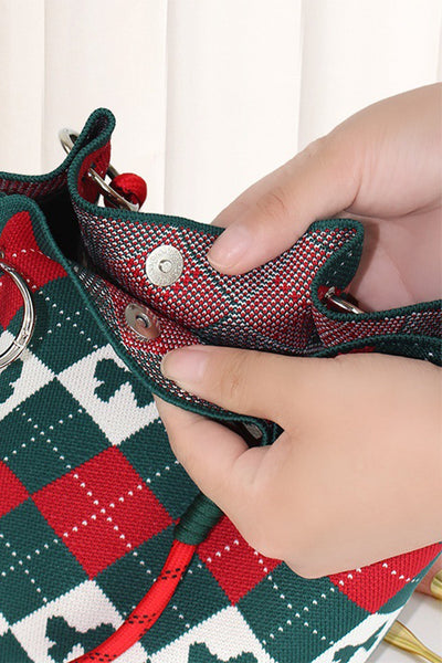Women's Retro Argyle Bow Knit Bucket Bag in Fiery Red