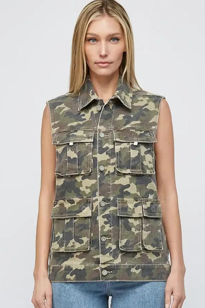 Women's Casual Green Camouflage Denim Vest with Button Closure and Functional Cargo Pockets for a Trendy Look made for easy styling and wardrobe