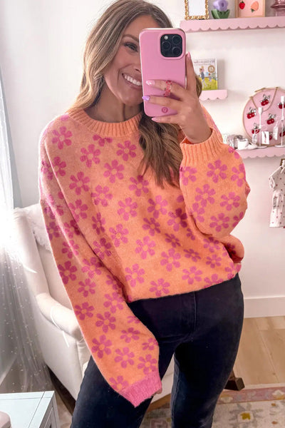 Cozy Women's Grapefruit Orange Loose-Fit Sweater with Ribbed Trim and Floral Design for Casual Chic Style
