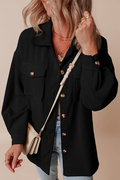 Chic Women's Black Corduroy Shacket with Flap Pockets - Trendy Button-Up Overshirt for Effortless Casual Style