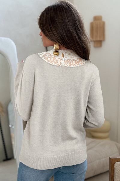 Cozy Women's Pastel Lace Patchwork Sweater - Chic Casual Style for Effortless Everyday Elegance