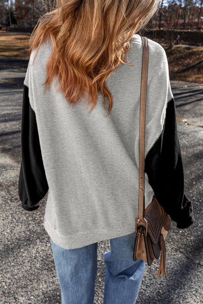 Cozy Women's Gray Two-Tone Patchwork Drop Shoulder Sweatshirt Effortless Casual Style for Everyday Comfort