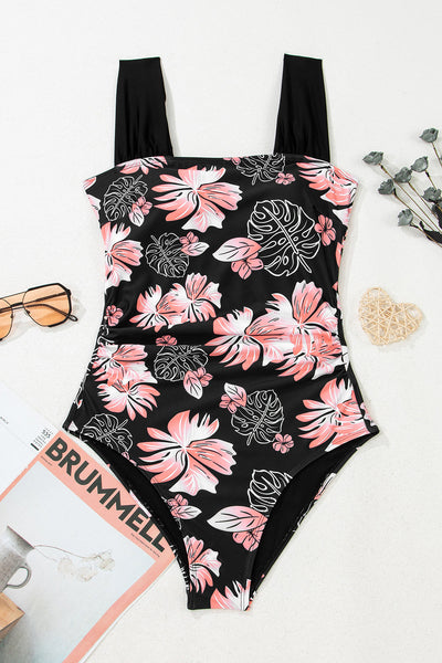Women's Floral Ruched Square Neck One-Piece Swimsuit
