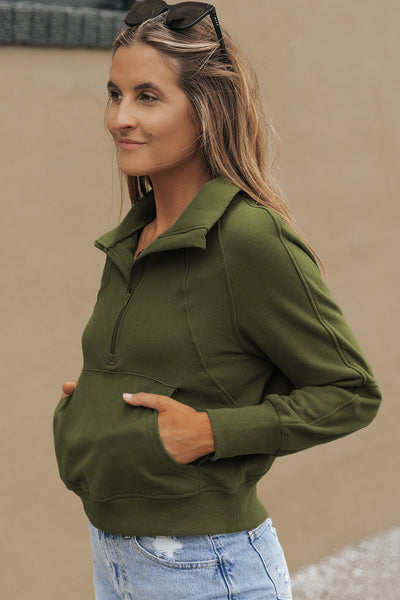 Women's Cozy Green Fleece-Lined Zip-Up Sweatshirt with Stand Collar & Thumbhole Sleeves for Ultimate Comfort