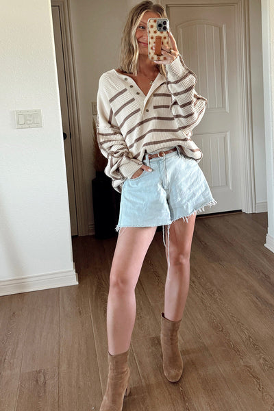 women's loose fit khaki stripe henley sweater with exposed seams and patchwork drop shoulders for effortless style made for easy styling and wardrobe