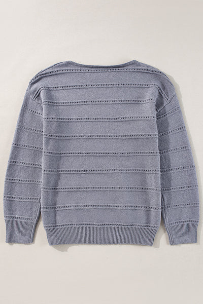 Light Grey Pointelle Knit Sweater for Women - Cozy Boat Neck, Drop Shoulder Design for Effortless Everyday Style