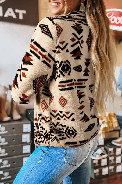 Women's Cozy Beige Plush Half Zip Sweatshirt for Women - Chic Western Aztec Style for Effortless Casual Looks