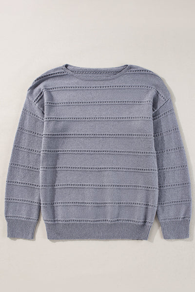 Light Grey Pointelle Knit Sweater for Women - Cozy Boat Neck, Drop Shoulder Design for Effortless Everyday Style