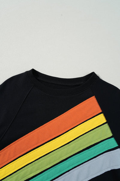 Womens Cozy Black Rainbow Colorblock Striped Pullover Sweatshirt - Casual Everyday Style for Comfort and Fashion