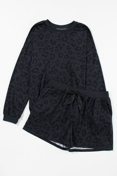 Leopard Print Satin Bow Lounge Set with Long Sleeve Top and Tie Shorts
