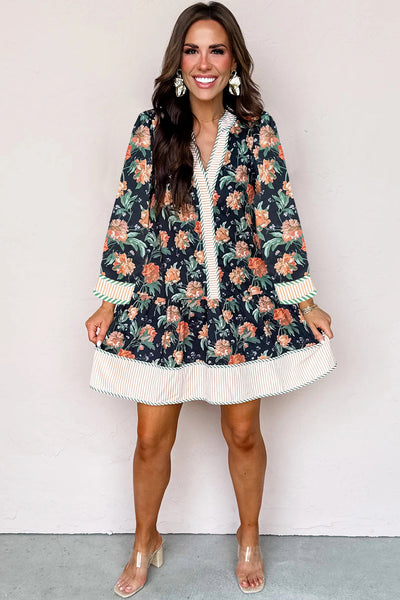 Stylish Women's Blue Floral Mini Dress with Striped Trim, V-Neck, Long Sleeves, and Ruffle Hem for Effortless Charm