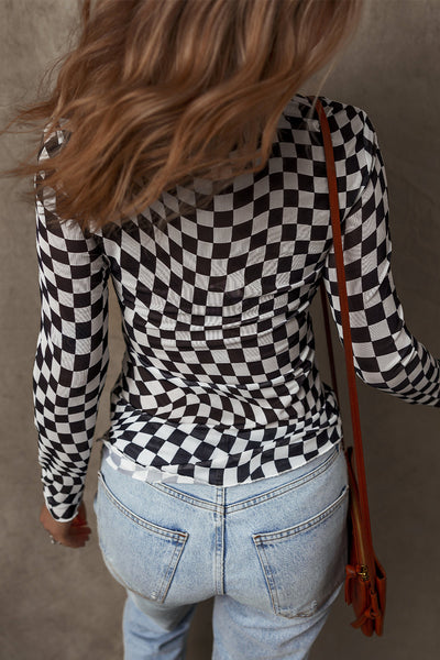 Trendy Women's Black Checkered Mesh Mock Neck Long Sleeve Top - Chic Style for Casual Outings and Everyday Wear
