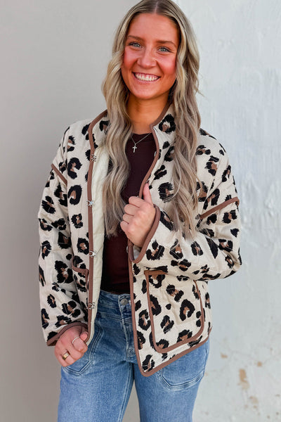 Khaki Leopard Print Quilted Jacket with Contrast Trim with practical styling and dependable silhouette control.