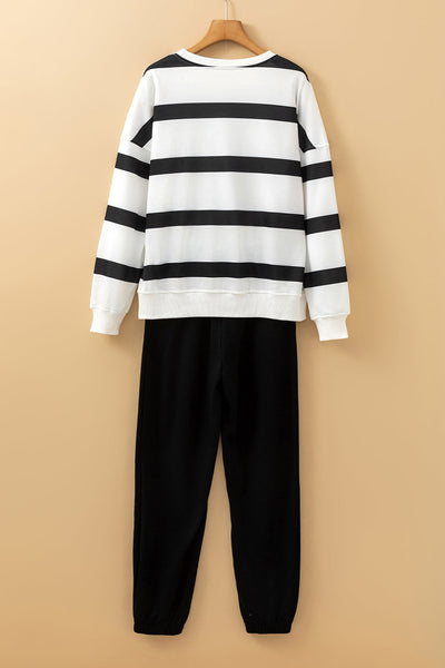 Chic Black Stripe Drop Shoulder Pullover & Jogger Pants Set for Women  Stylish Athleisure Comfort for Casual Outings