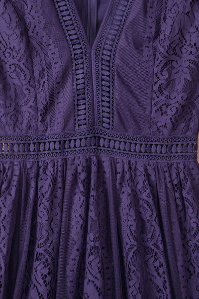 Women's Floral Crochet Lace V-Neck Midi Dress with Bell Sleeves