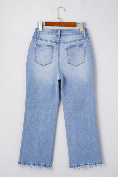 Trendy Women's Beau Blue High Waist Flared Jeans - Mineral Wash with Raw Hem for Casual Chic Look