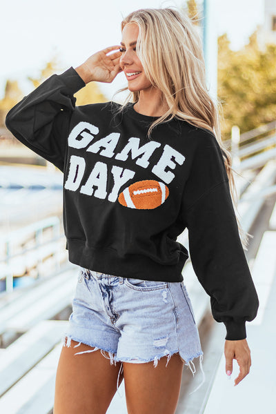 Women's Black Game Day Graphic Varsity Sweatshirt - Cozy Fit for Sports Fans, Perfect for Casual Outings and Tailgating