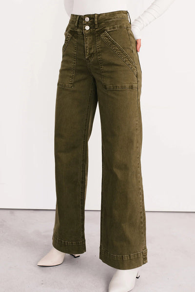 Women's Jungle Green Wide Leg Mica Denim Jeans - Effortlessly Chic Casual Fit for Everyday Style and Comfort