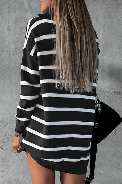 Stylish Women's Black Striped Sweater Dress - Cozy Fitted Knit, Ideal for Casual Outings and Effortless Layering