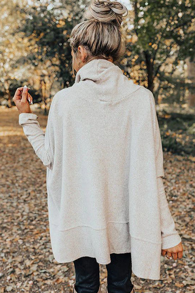 Women's Casual Light Grey Oversized Knit Cowl Neck Top with Drawstring and Side Slits for Ultimate Comfort