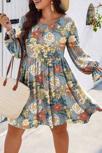 Plus Size Women's Blue Floral Ruffled Mini Dress - Flowy Long Sleeve, Ideal for Spring and Summer Events