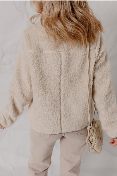 Cozy Women's Oatmeal Sherpa Fleece Winter Jacket with Snap Buttons & Contrast Trim for Ultimate Warmth and Style